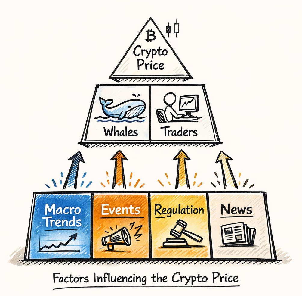 Illustration showing macro trends, events, regulation, and news influencing crypto price